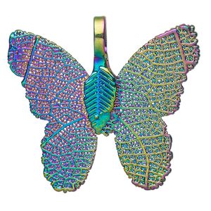 Pendant, copper-plated brass and Indian rubber wood, rainbow, 31x28mm-32x28mm double-sided butterfly. Sold individually.