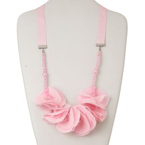 Necklace, ribbon / acrylic / nylon cloth / silver-finished steel, pink, 57x57mm flower, 48 inches with tie closure. Sold individually.