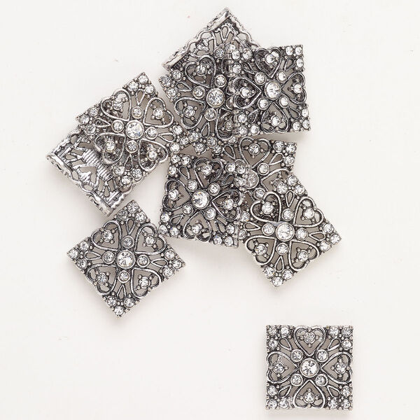 Bead spacer "pewter" zinc-based alloy and glass 10pk 19-20mm fancy square, antique silver finish clear fits up to 12.5mm beads image number 0