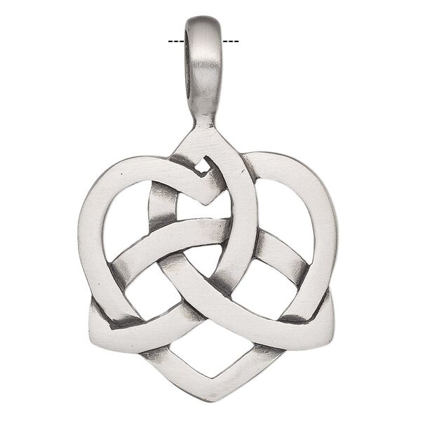 Pendant, Powerful Pewter Pendants, antiqued pewter (tin-based alloy), 45x30mm single-sided heart with Celtic knot design and 6mm hole. Sold individually. image number 0