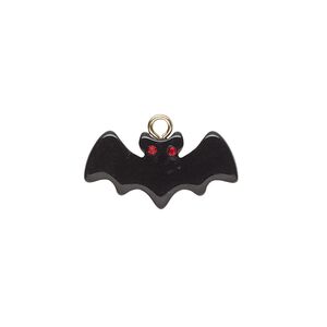 Charm, gold-finished "pewter" (zinc-based alloy) and resin, black and red, 20.5x10mm bat. Sold per pkg of 2.