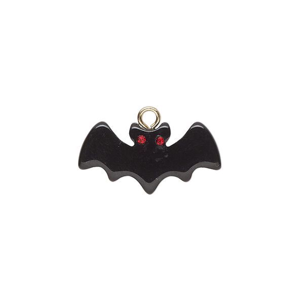 Charm, gold-finished "pewter" (zinc-based alloy) and resin, black and red, 20.5x10mm bat. Sold per pkg of 2. image number 0