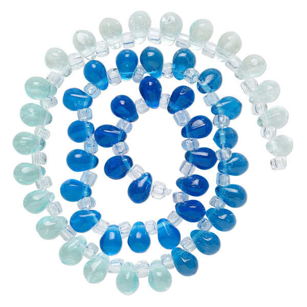 Bead, glass, transparent pale blue, blue and royal blue, 8x6mm top-drilled teardrop with irregular rondelles. Sold per 14-inch strand. image number 0