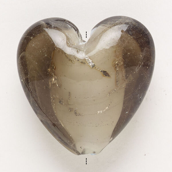 Bead, lampworked glass, pkg/1, opaque and translucent olive green and white with silver- and gold-colored foil, 34-3mm puffed heart. image number 0