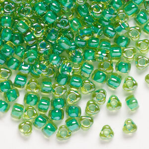 Seed bead, Miyuki 1pkg10g, glass, #5 triangle, transparent kelly green inside dyed color amber yellow (TR-1811)