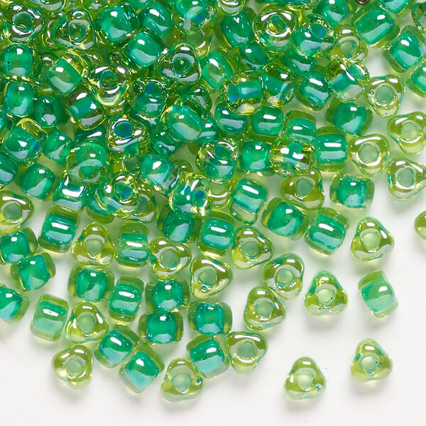 Seed bead, Miyuki 1pkg10g, glass, #5 triangle, transparent kelly green inside dyed color amber yellow (TR-1811) image number 0