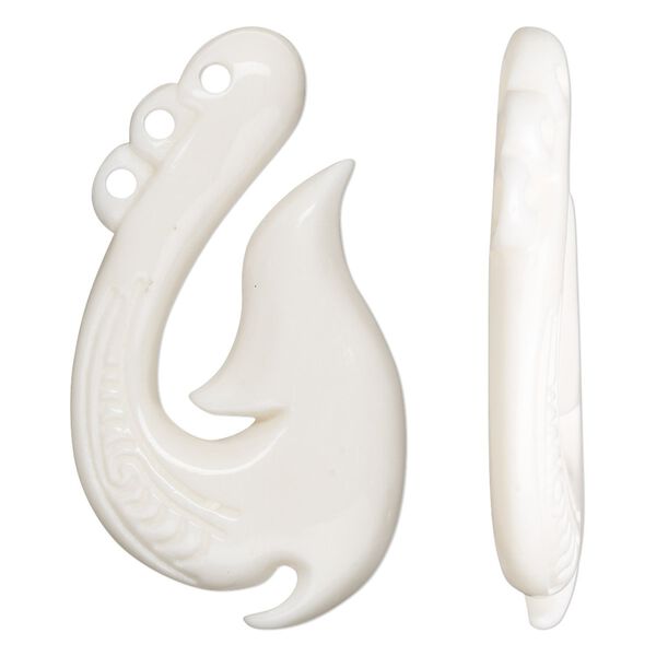 Focal, bone (bleached), white, 41x23mm hand-carved single-sided hook with fancy design, Mohs hardness 2-1/2. Sold individually. image number 0
