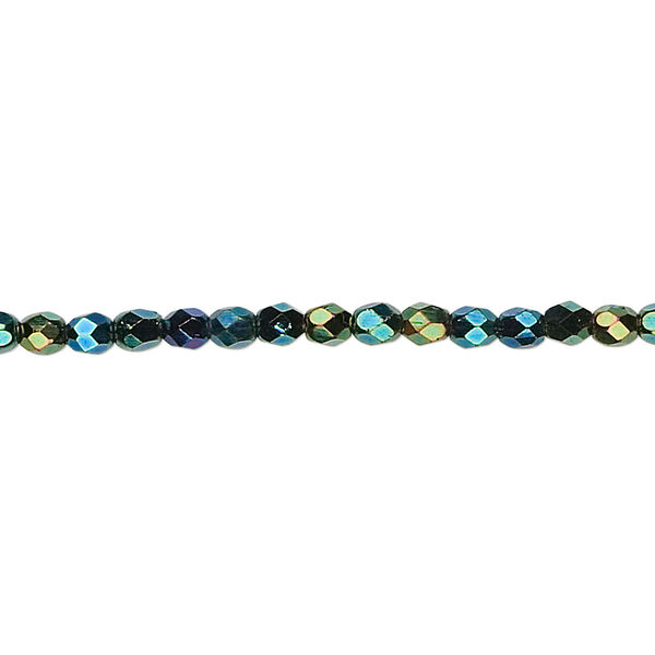 Bead, Czech fire-polished glass, opaque iris green, 3mm faceted round. Sold per 15-1/2" to 16" strand. image number 0