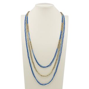 Necklace, glass and gold-finished steel, dark blue and light blue, 40 inches with 2-inch extender chain and lobster claw clasp. Sold individually.