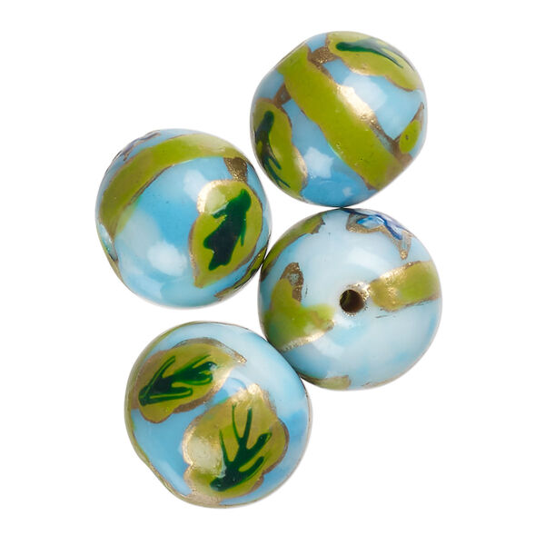 Bead, lampworked glass, opaque turquoise blue and multicolored, 15-13mm round with painted flower design. Sold per pkg of 4. image number 0