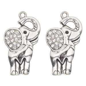 Focal, antique silver-finished "pewter" (zinc-based alloy) and glass, clear and black, 30x20mm single-sided elephant. Sold per pkg of 2.