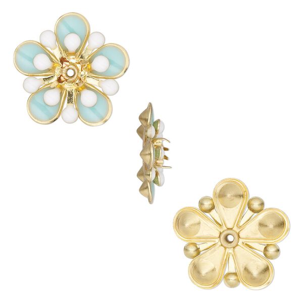 Component, epoxy and gold-finished copper, white and green turquoise, 19mm center-drilled single-sided flower. Sold per pkg of 2. image number 0