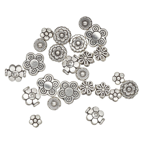 Bead, antique silver-plated "pewter" (zinc-based alloy), 5x5mm-10x10mm assorted flower. Sold per pkg of 24. image number 0