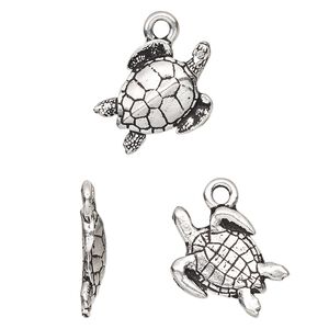 Charm, TierraCast®, antique silver-plated pewter (tin-based alloy), 16mm 3D sea turtle. Sold per pkg of 20.