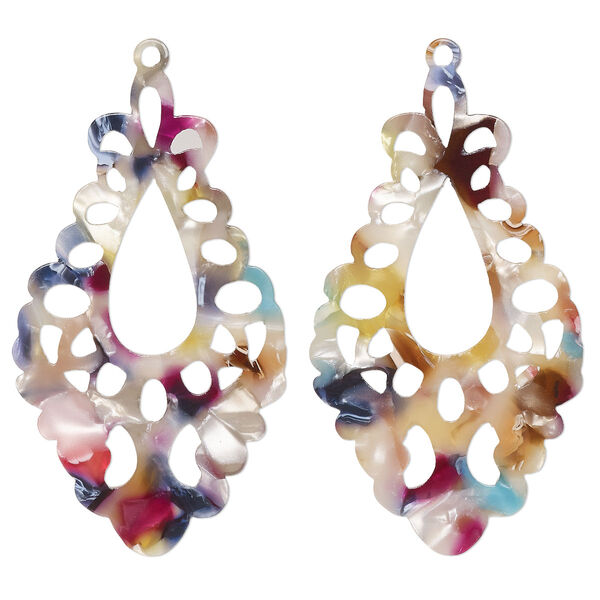 Focal, resin, multicolored, 51.5x29mm fancy teardrop with cutouts. Sold per pkg of 2. image number 0