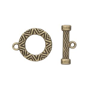 Clasp toggle 1pkg10 brass-plated "pewter" (zinc alloy), 16mm round, antique 1-strand