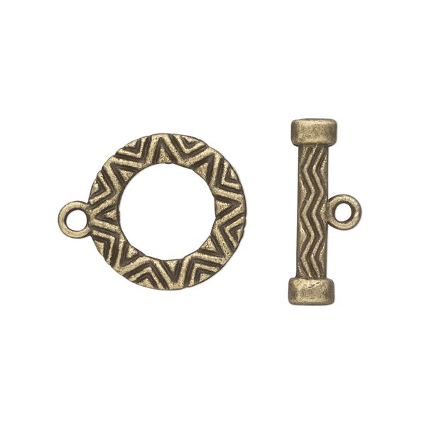 Clasp, toggle, antique brass-plated "pewter" (zinc-based alloy), 16mm round. Sold per pkg of 10. image number 0