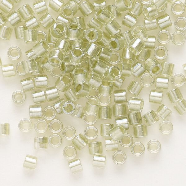 Seed bead, Delica®, glass, pkg/7.5g, #8 round, translucent peridot green-lined luster crystal clear (DBL-0903). image number 0