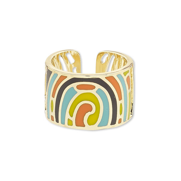 Ring, Avant-Garde Jewelry Collection, enamel and gold-plated brass, multicolored, 14mm wide with cutout and abstract design, adjustable. Sold individually. image number 0