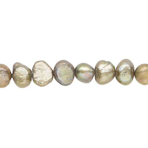 Pearl, cultured freshwater (dyed), dark olive green, 5-6mm flat-sided potato with 0.4-0.6mm hole, D grade, Mohs hardness 2-1/2 to 4. Sold per 15-inch strand. image number 0