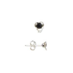 Earring 1pkg2 sterling silver, 5mm flower earstud / earnuts, glass jet 1 pair