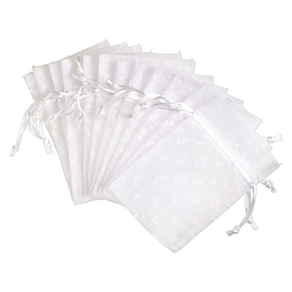Pouch, flocked organza, white, 6x4 inches with dots pattern and drawstring closure. Sold per pkg of 12. image number 0