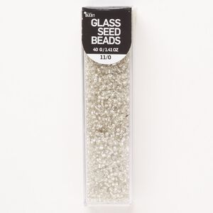 Seed bead, glass, pkg/40g, #11 round, translucent silver-lined clear.