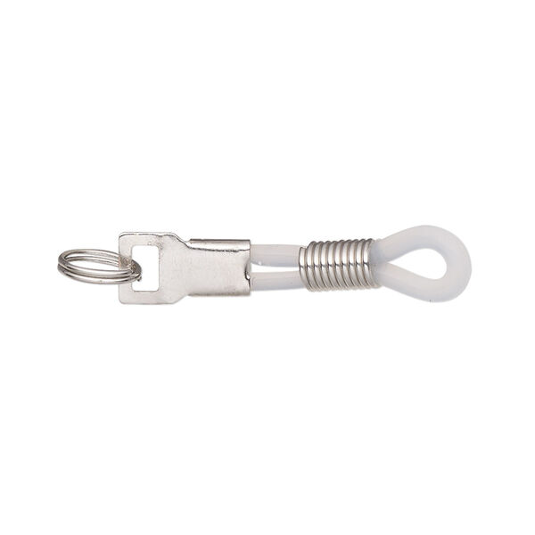Eyeglass holder, rubber and imitation rhodium-finished steel, clear, 30x6mm with adjustable coil and 7mm slit ring. Sold per pkg of 20. image number 0
