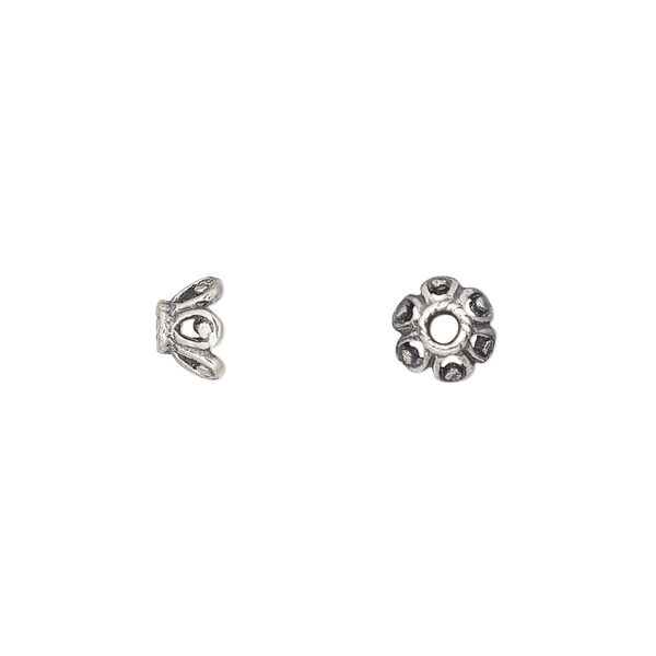 Bead cap, antiqued sterling silver, 6x4mm round with rope, fits 6-8mm bead. Sold per pkg of 4. image number 0
