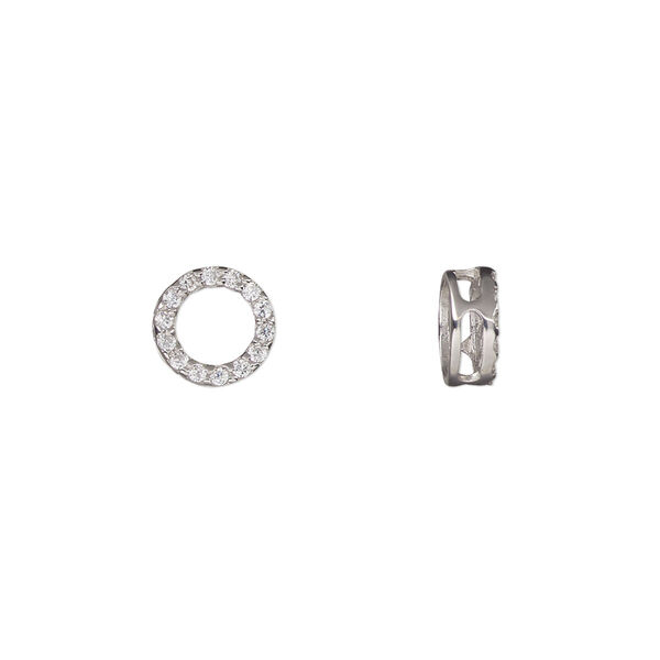 Slide, cubic zirconia and rhodium-plated sterling silver, clear, 8mm single-sided open round with 4x1mm hole. Sold individually. image number 0