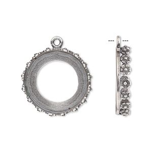 Drop, JBB Findings, antique silver-plated brass, 20mm round with open back and flower design trim, 18mm round bezel setting. Sold per pkg of 2.