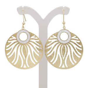 Earring, gold-finished brass, silver with glitter, 2 inches with scratched round and cutouts with fishhook ear wire. Sold per pair.