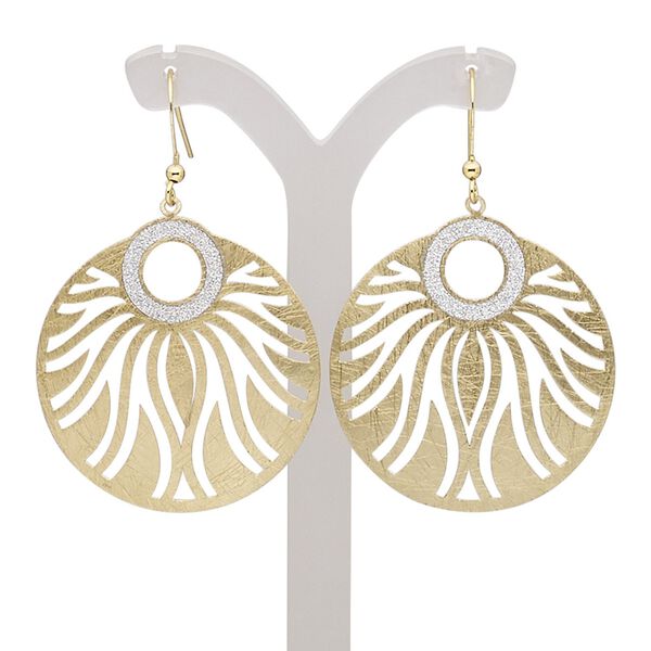 Earring, gold-finished brass, silver with glitter, 2 inches with scratched round and cutouts with fishhook ear wire. Sold per pair. image number 0