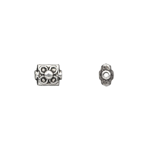 Bead, antique silver-plated "pewter" (zinc-based alloy), 8x6mm double-sided square tube with flower. Sold per pkg of 50. image number 0