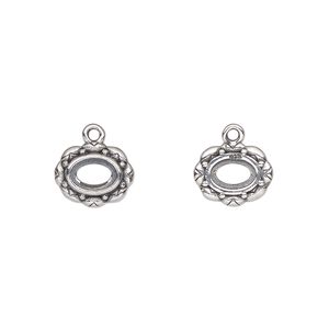 Drop, antiqued sterling silver, 10.5x8.5mm overall with 6x4mm oval setting and flower design with open back. Sold individually.