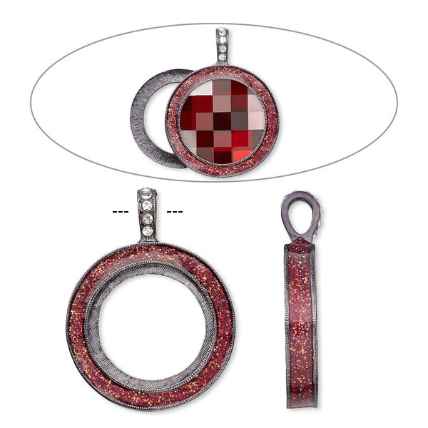 Pendant, Almost Instant Jewelry®, epoxy / crystals / gunmetal-finished "pewter" (zinc-based alloy), rose pink and crystal clear with glitter, 45x35mm single-sided with 30mm round setting. Sold individually. image number 0