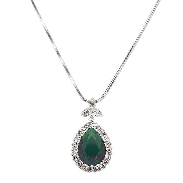 Necklace, Austrian crystal / glass / silver-plated brass, emerald green and clear, 36x20mm teardrop, 18 inches with 2-inch extender chain and lobster claw clasp. Sold individually. image number 0