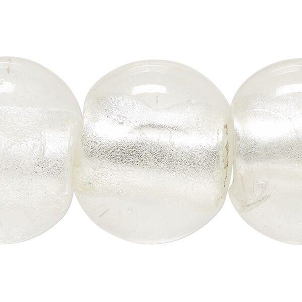 Bead, lampworked glass, clear with silver-colored foil, 29x24mm-30x25mm rounded rectangle. Sold per 8-inch strand. image number 0