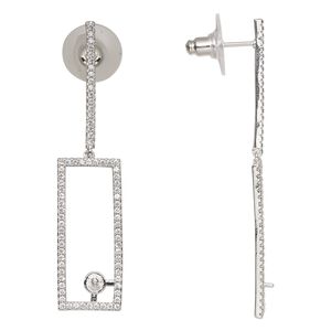 Earstud 1pkg2 cubic zirconia, 57x13mm open rectangle / 4mm cup / 2mm peg / 4-6mm half-drilled round setting / comfort clutch, silver-finished brass / plastic clear 1 pair