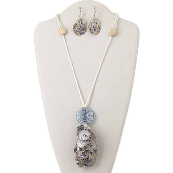 Necklace and earring set, gmelina wood and coconut palm tree wood (natural) / plastic / lampworked glass / nylon cord / silver-coated plastic / silver-finished steel, multicolored, 38mm painted flat round with 6-inch dangle, 22 to 32-inch adjustable, 2-1/2 inch fishhook earrings. Sold per set. image number 0