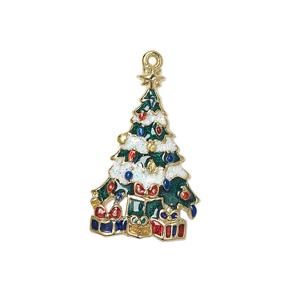 Charm, enamel and gold-finished "pewter" (zinc-based alloy), multicolored with glitter, 26x16.5mm single-sided Christmas tree. Sold individually. image number 0