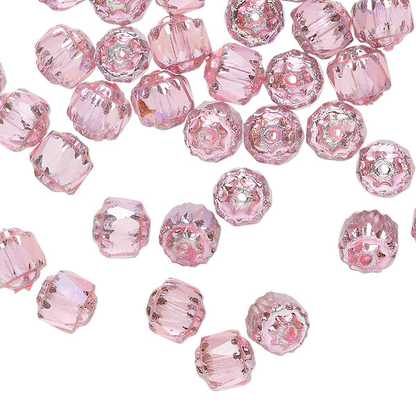 Bead, Czech dipped décor glass, hot pink Apollo AB, 6mm round cathedral. Sold per 15-1/2" to 16" strand. image number 0