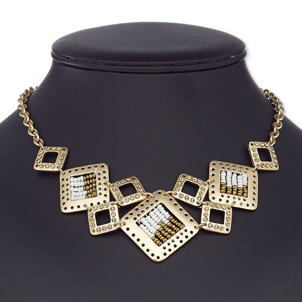 Necklace, glass rhinestone / glass / gold-coated plastic / gold-finished steel / "pewter" (zinc-based alloy), white and gold, square, 16 inches with 2-1/2 inch extender chain and lobster claw clasp. Sold individually. image number 0