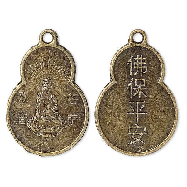 Focal, antique brass-plated "pewter" (zinc-based alloy), 33x22mm Quan-Yin coin, "Buddha blessing: Safety and Peace." Sold per pkg of 50. image number 0