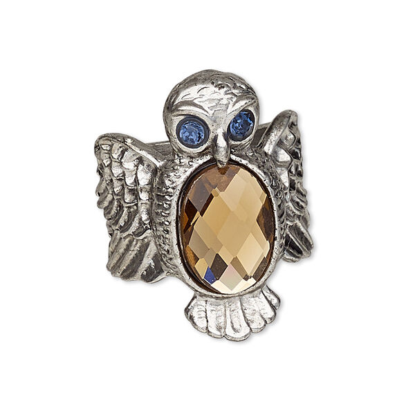 Ring, glass rhinestone / glass / antique silver-plated "pewter" (zinc-based alloy), dark blue and brown, 38mm wide with owl, size 8. Sold individually. image number 0