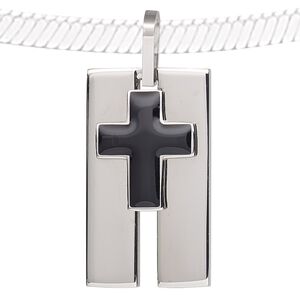 Pendant, epoxy and stainless steel, black, 35x20mm rectangle. Sold individually.