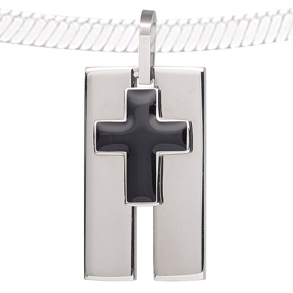 Pendant, epoxy and stainless steel, black, 35x20mm rectangle. Sold individually. image number 0