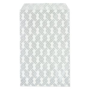 Bag, paper, white and silver, 6x4 inch rectangle with chainlink-print and scalloped top edge. Sold per pkg of 100.