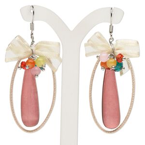 Earring, acrylic / glass / organza ribbon / silver-finished steel, multicolored, open oval / round / teardrop, 2-1/2 inches with fishhook ear wire. Sold per pair.
