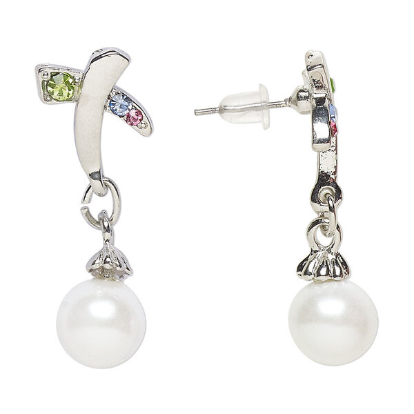Earring, Everyday Jewelry, antique silver-finished "pewter" (zinc-based alloy) / glass / acrylic pearl, multicolored, 34mm with post. Sold per pair. image number 0